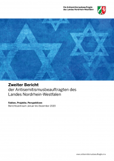 Blau eingefärbte Davidsterne zieren ein weißes Cover des Jahresberichts 2020 der Antisemitismusbeauftragten des Landes Nordrhein-Westfalen