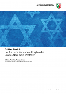 blau eingefärbte Davidsterne zieren ein weißes Cover des Jahresberichts 2021 der Antisemitismusbeauftragten des Landes Nordrhein-Westfalen